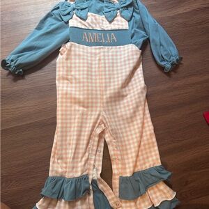 Amelia Smocked Blue and Peach Gingham Ruffled Jumpsuit